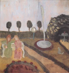 Zwei Frauen im Garten mit Springbrunnen